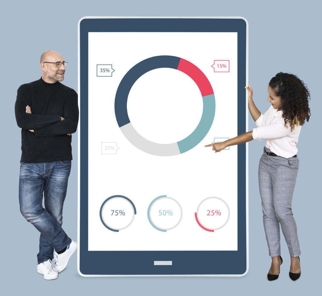 A man and women analyzing the seo score of a website