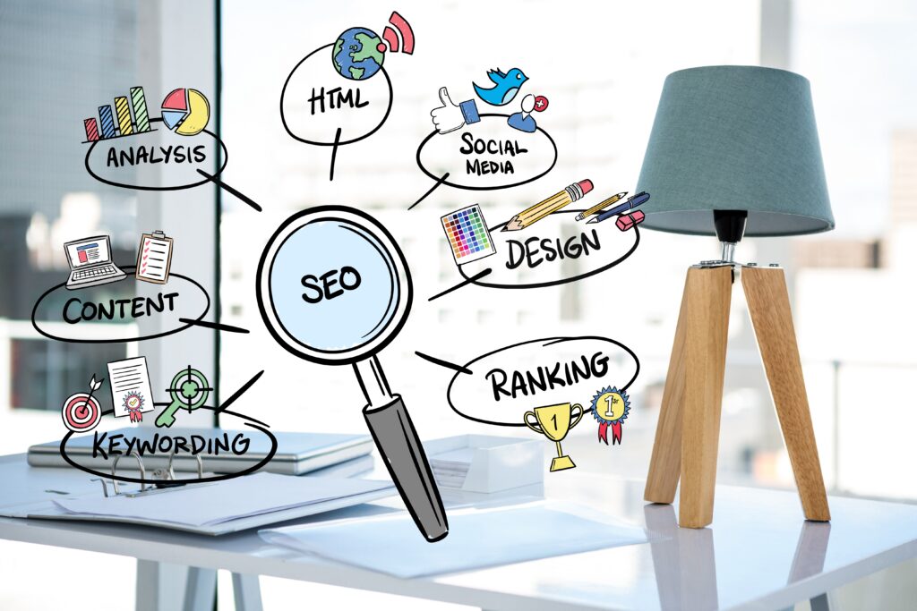 SEO tactics presented in a graphics with an office background