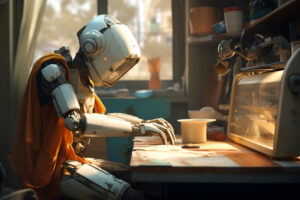 anthropomorphic robot performing human task like copywriting sitting on a chair